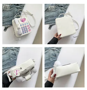 Vues détaillées du sac rétro blanc en forme de téléphone avec combiné et touches de numéros