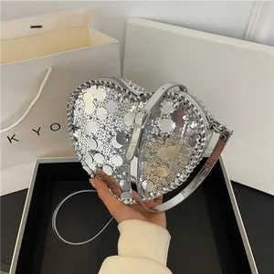 Fashion Heart Shaped Sequin Crossbody Bag PU Leather Metallic Glitter Shoulder Bag For Women Banquet Party Evening Purse