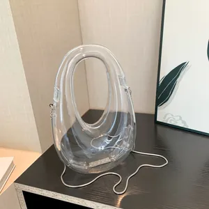 Bolso de Mano Futurista de Acrílico Calado Con Cadena Metálica Minimalista Geométrico Ovalado Bolso Bandolera de Noche para Mujer Accesorio Fiesta