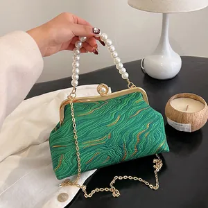 Sac de Soirée Coquille en Jacquard Rétro pour Femmes Avec Poignée en Künstliche Perles Artificielles Et Chaîne Dorée Détachable Motif à Vagues Vintage Fermoir à Cadre Pochette de Mariage