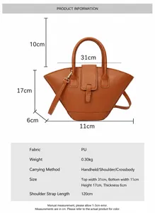Detailed view of fan-shaped brown PU leather handbag with specific dimensions and weight info