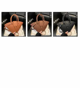 Retro fan-shaped handbags in yellow-brown, dark brown, and black with shoulder straps