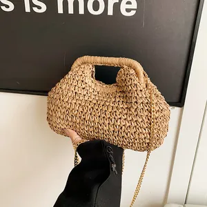 Women Woven Straw Shell Shoulder Bag With Gold Chain Strap Beach Holiday Crossbody Handbag For Summer Travel Mori Style Bag