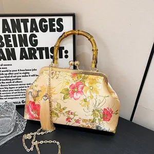 Vintage New Chinese Style Satin Shell Bag With Bamboo Handle Floral Pattern Tassel Metal Chain Crossbody Shoulder Handbag For Women