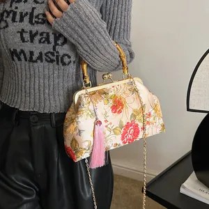 New Chinese style floral bamboo handle bag with pink tassel and gold chain strap