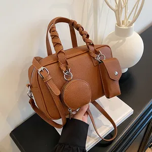Ensemble De Sacs À Main Pour Femmes Motif Litchi Avec Poignée Tressée Minimaliste Urbain En Cuir PU Sac Bandoulière Sac À Épaule Petit Sac Boston