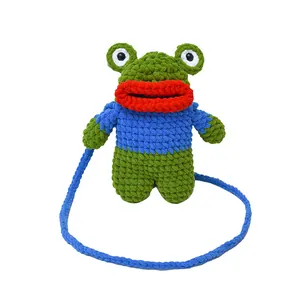 Handmade crochet frog crossbody bag with funny red lips and knitted shoulder strap