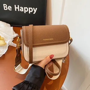Sac à Bandoulière Vintage en Cuir PU Texture Litchi pour Femmes Couleur Contrastée Impression de Lettres Sac Carré avec Matériel Doré