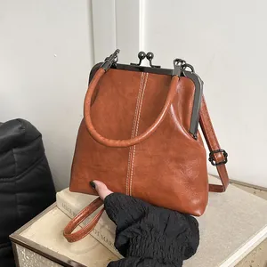 Women Vintage PU Leather Kiss Lock Doctor Bag Retro Texture Crossbody Shoulder Bag With Contrast Stitching Elegant Handbag