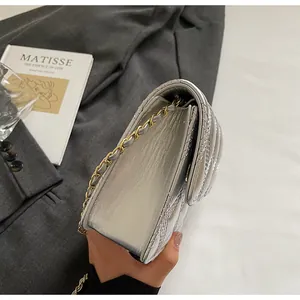 Detalle del bolso de cadena plateado acolchado con acabado metálico y texturas trenzadas