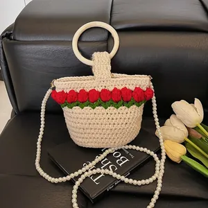 Bolso de Cubo de Punto de Ganchillo Pastoral Francés Decoración de Tulipan Asa de Madera y Correa de Perlas Artificiales para Mujer