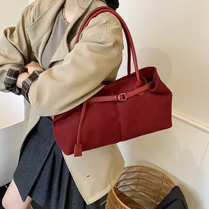 Elegante bolso tote de pana burdeos con correas de cuero para mujer, bolso de hombro retro