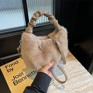 Sac à Main en Peluche Douce Avec Poignée Plissée Sac à Bandoulière en Fausse Fourrure Urbain Minimaliste Sac à Épaule pour Femme Automne Hiver