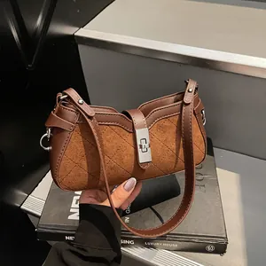Bolso de Axila Acolchado Vintage para Mujer de Antelina Cuero PU Bolso de Hombro Elegante Color de Contraste Con Cierre de Giro Plateado