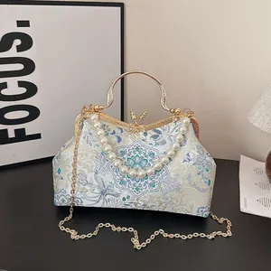 Women Vintage Embroidered Shell Bag New Chinese Floral Beaded Handbag Gold Chain Crossbody Evening Bag With Artificial Pearl Handle