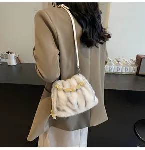 Detail of plush faux fur bucket bag with beaded handle and leather crossbody strap