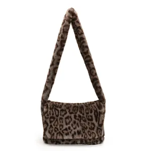 Bolso tote vintage de felpa con estampado de leopardo y correa ancha para otoño invierno