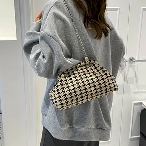 Elegante bolso de mano tipo nube de pata de gallo con cadena plateada, estilo bandolera chic