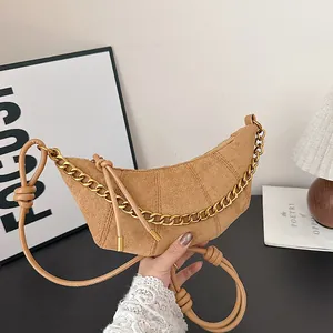 Bolso de Hombro Retro de Gamuza y Cuero PU para Mujer Media Luna Color Maillard Con Cadena Dorada Correa de Nudo Cremallera