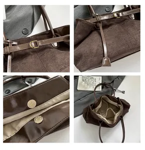 Detalle de bolso tote de ante marrón oscuro con cierre magnético y compartimento interior
