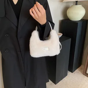 Sac à main minimaliste en peluche blanc cassé avec poignée supérieure pour automne hiver