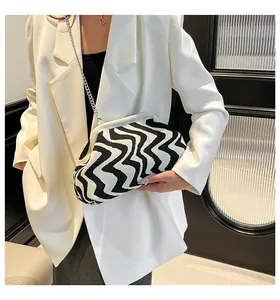 Detail view of wave pattern knitted shell bag with silver chain worn on white blazer