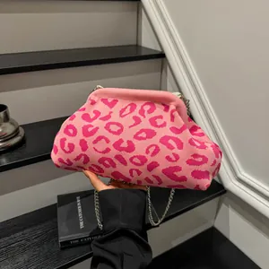 Bolso de Hombro de Punto con Estampado de Leopardo para Mujer Bolso Bandolera de Concha en Forma de Nube de Moda