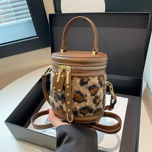 Bolso Cubo Vintage Mujer Estampado Leopardo Cuadros Cuero PU Piel Sintética Bolso Bandolera Cremallera Dorada Moda