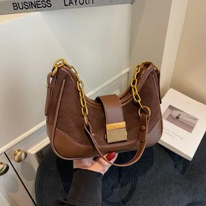 Bolso de Axila Vintage de Cuero PU y Gamuza en Contraste para Mujer con Cadena Dorada Bandolera Hebilla Retro Elegante para el Uso Diario