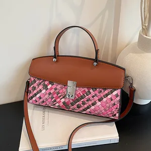 Sac à Main Vintage en Cuir PU Tissé pour Femmes Sac à Bandoulière Carré Bloc de Couleur Avec Bandoulière Satchel Rétro