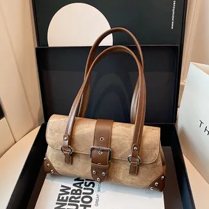 Vintage Y2K Nieten Achseltasche Damen PU Leder Denim Schnalle Schultertasche Streetwear Baguette Tasche Casual Tägliche Handtasche