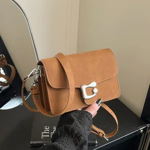 Bolso Bandolera de Cuero PU Esmerilado Vintage para Mujer Estilo Maillard Bolso de Axila Bolso de Hombro Con Hebilla en C Bolso de Mano Cuadrado