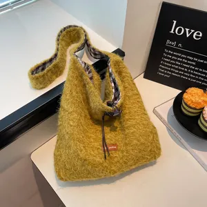 Bolso Tote de Peluche a Cuadros Retro Bloque de Color Bolso de Hombro de Lona Gran Capacidad para Mujer Bolso de Lana Suave