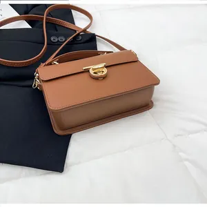 Détail du sac à main en cuir marron à grain de litchi avec fermoir tournant doré élégant