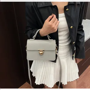 Vue détaillée du sac à main gris clair motif lychee avec fermoir rotatif doré sur modèle
