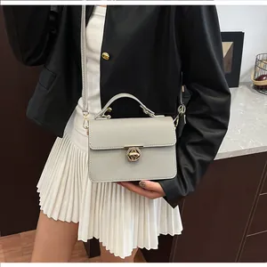 Détail de la texture cuir grainé sur sac gris clair avec fermoir rotatif doré