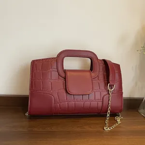 Bolso de Mano de Cuero PU con Patrón de Cocodrilo para Mujer Con Cadena de Metal Asa Hueca Bolso Bandolera para Diario Fiesta