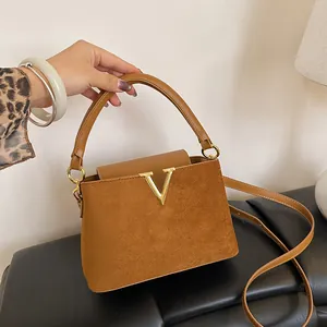 Bolso Mujer Cuero PU Efecto Ante Vintage Logo V Bandolera Minimalista Retro Costuras Hombro Patchwork Cartera