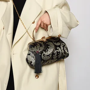Sac à main rétro style chinois avec broderie florale dorée et chaîne à pompons
