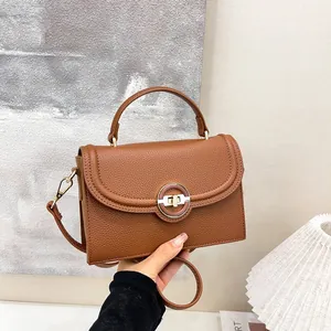 Sac à Main Vintage en Cuir PU Grain de Litchi Pour Femme Fermoir Rond Doré Sac à Bandoulière Urbain Sac Porté Épaule Sac à Main