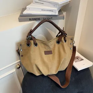 Bolso Tote de Lona Vintage Americano para Mujer Gran Capacidad Bolso de Hombro Bandolera Con Asa de Cuero PU Estilo Workwear