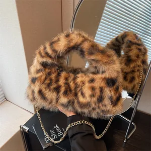 Sac à Main Mode pour Femmes en Fausse Fourrure Imprimé Léopard Grande Capacité Peluche Sac à Bandoulière Avec Chaîne Dorée