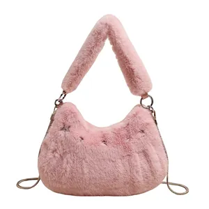 Fluffy pink faux fur shoulder bag with star rivets and metal chain strap for women