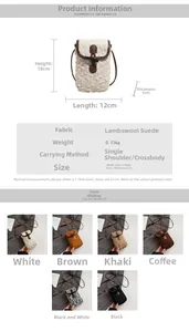 Detail view of plush lamb wool crossbody bag with size specifications and six color options