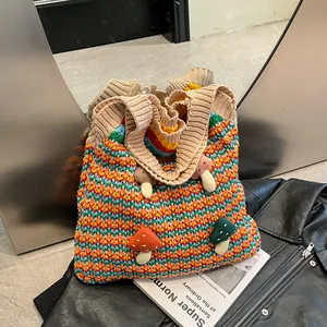 Women Cute Knit Tote Bag Colorful Rainbow Striped Handmade Crochet Shoulder Bag With 3D Mushroom Decor Daily Handbag