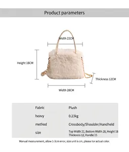 Detailed dimensions of white plush handbag with pearl handle and golden chain strap