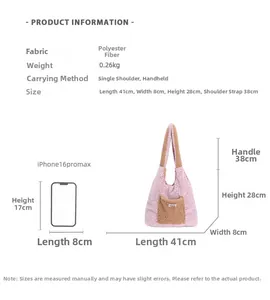 Detailed chart showing faux fur tote bag dimensions: 41x8x28cm with size reference