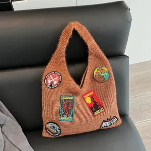 Women Retro Cryptid Embroidered Knit Tote Bag Large Capacity Shoulder Handbag With Sasquatch Mothman Jackalope Patches