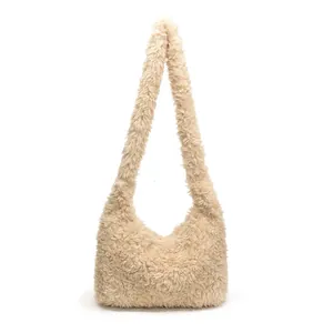 Borsa tote minimalista in peluche beige da donna in morbida pelliccia ecologica con manici