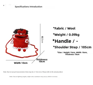Detailed size and weight chart for the handmade knitted red bucket bag with floral patterns